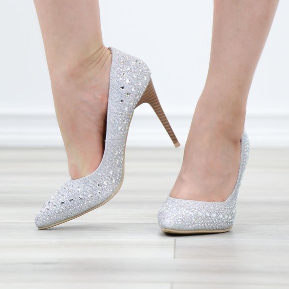 Silver Sparkly Diamond Rhinestone Glitter Pointy Toe Needle High Heel Stiletto - Picture 12 of 16